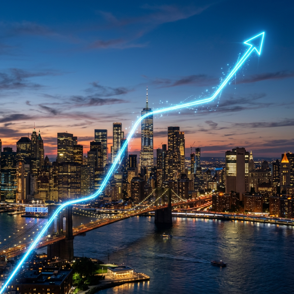 City skyline at dusk with illuminated buildings and a bright upward arrow graphic