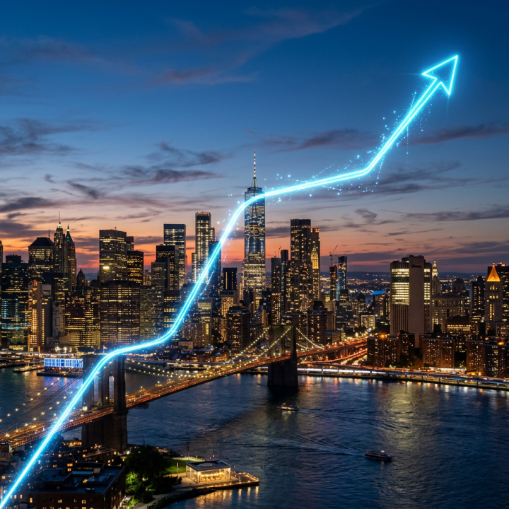 City skyline at dusk with illuminated buildings and a bright upward arrow graphic
